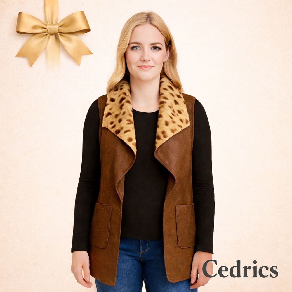 Faux Shearling Leather Look Vest Leopard Collar Brown Fall Layering Medium